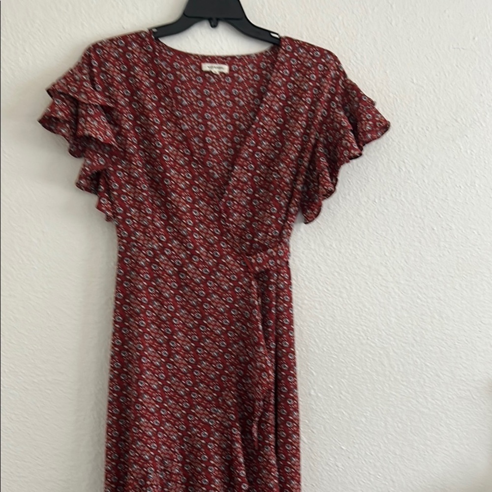 Max Studio Red Floral Midi Dress with Ruffle Sleeves